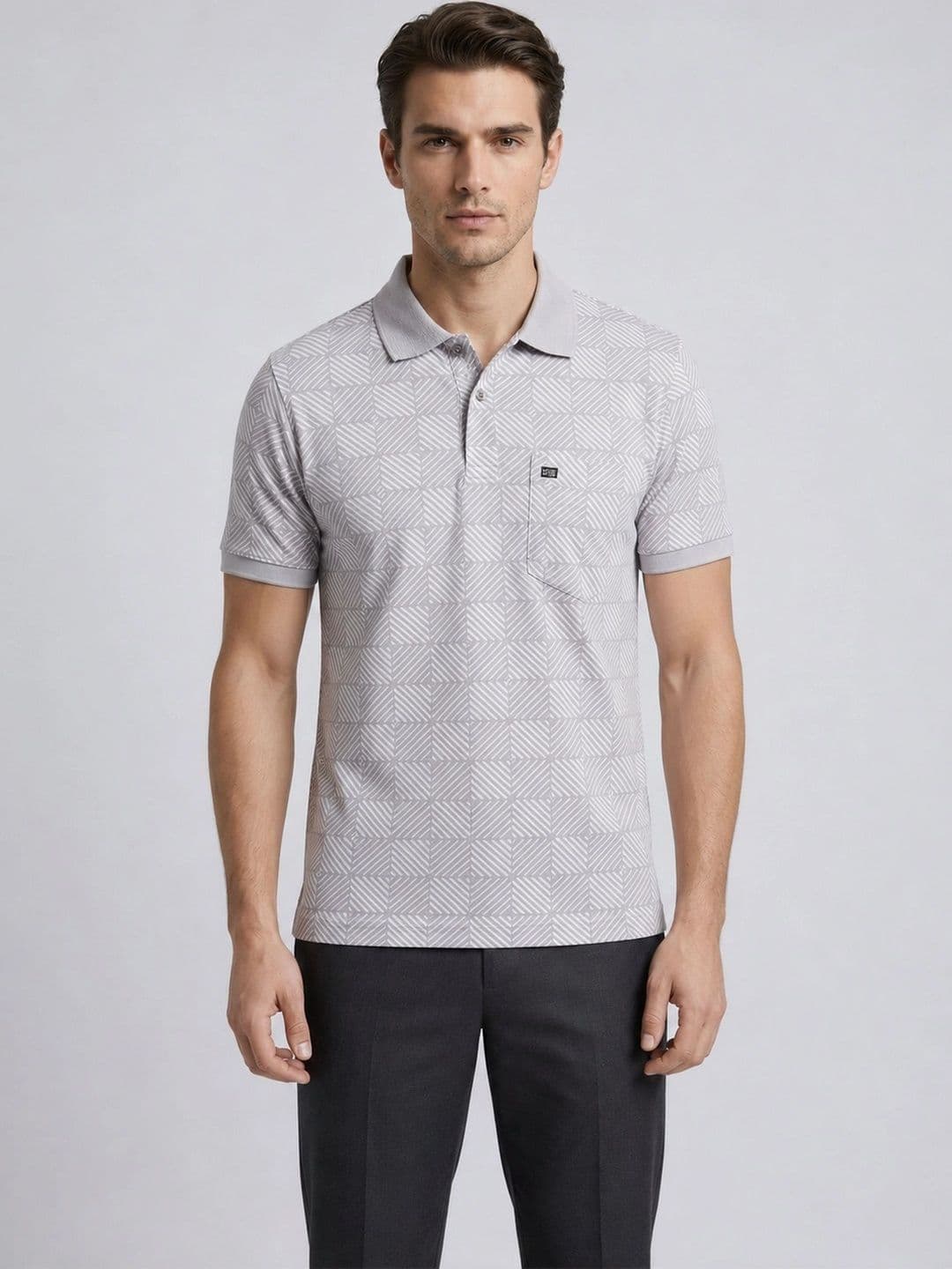 Monk Mode Men Grey Pulse Grid Printed Short Sleeves Regular Fit Polo T-shirt - view 1