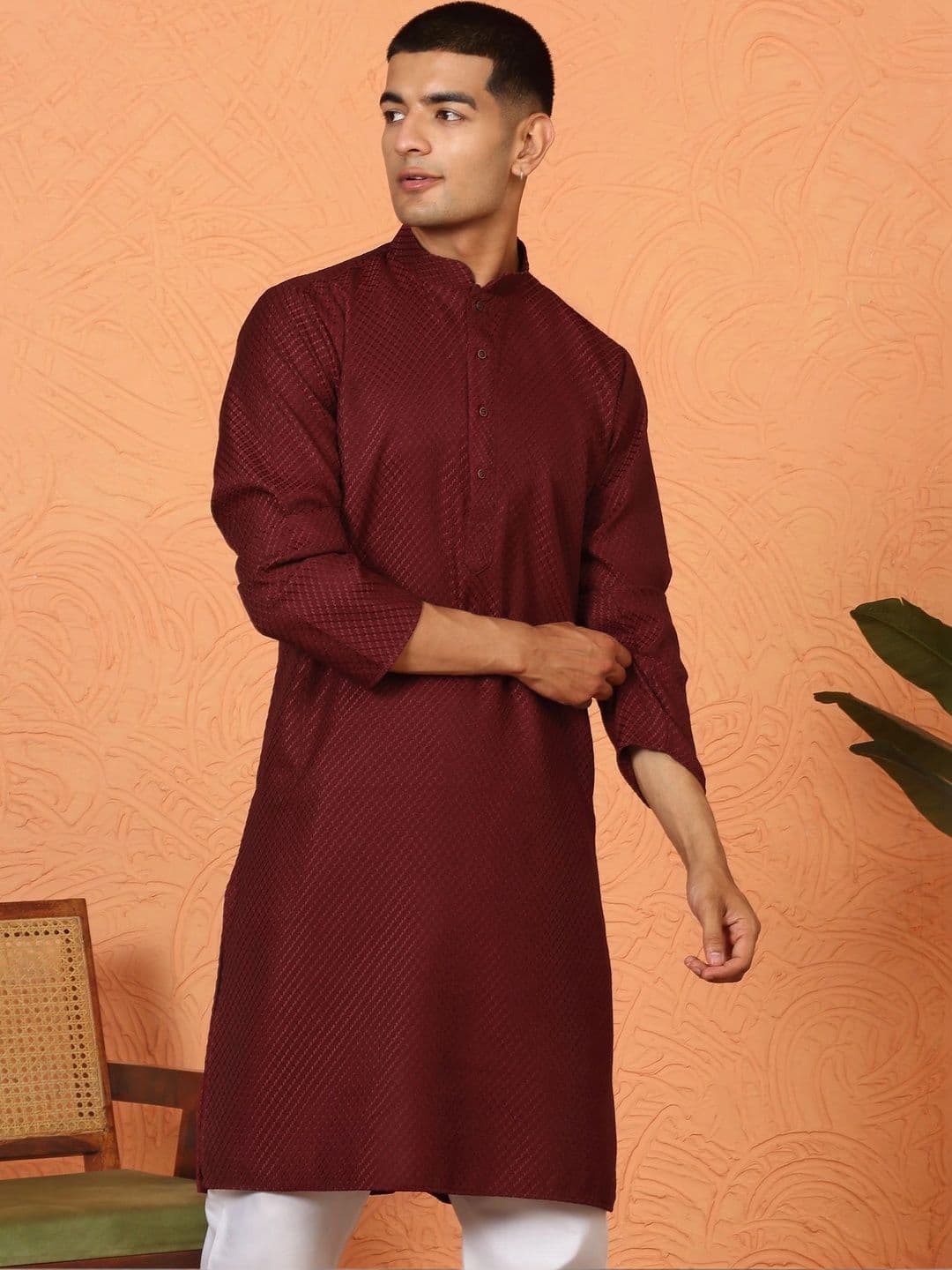 KRAFT INDIA Chikan Embroidered Cotton Rayon Maroon Kurta - view 1