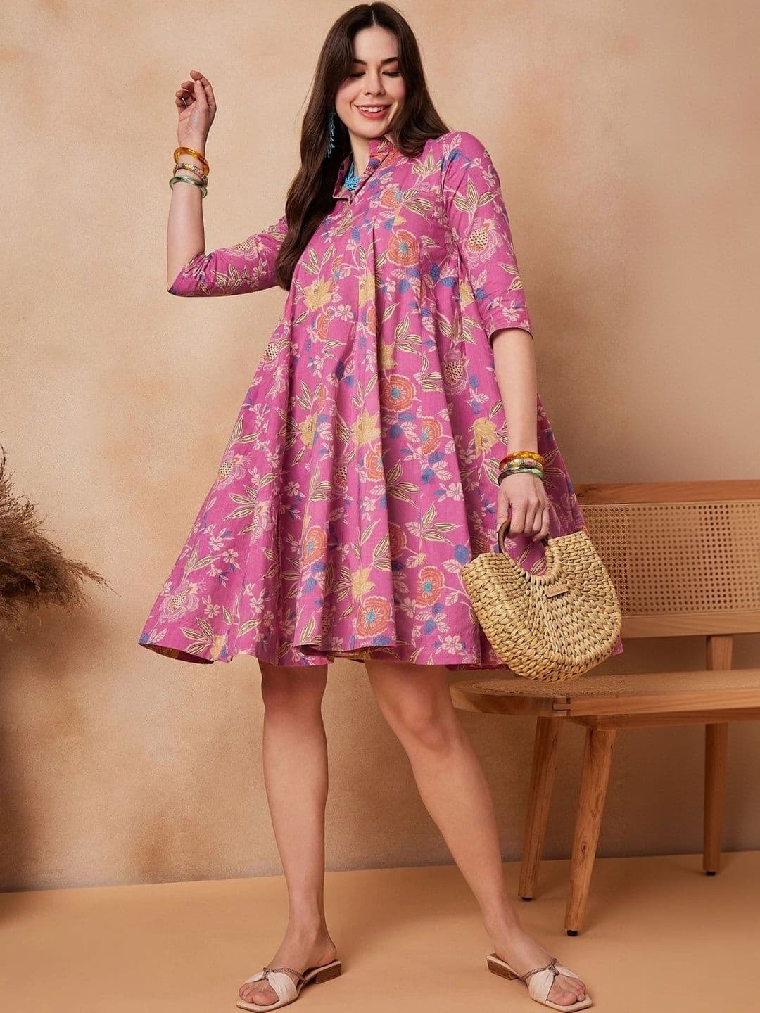 HERE&NOW Floral Printed Shirt Collar Fit & Flare Knee Length Dress - view 1