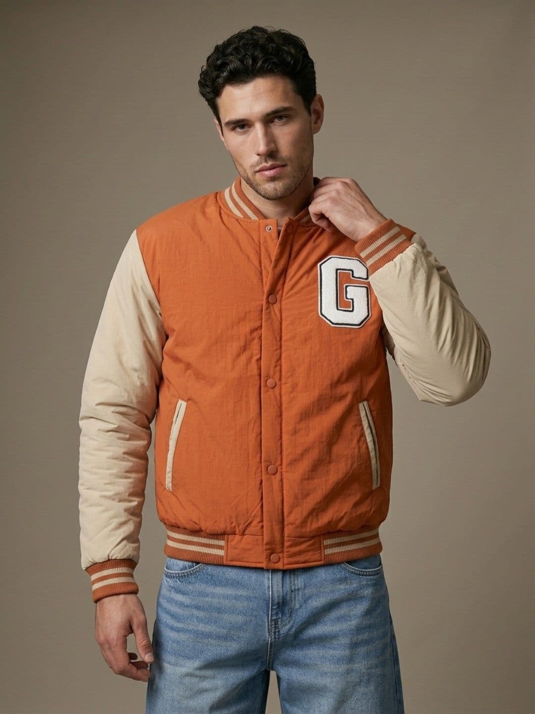 glitchez Typography Applique Stand Collar Relaxed Fit Bomber Jacket - view 1