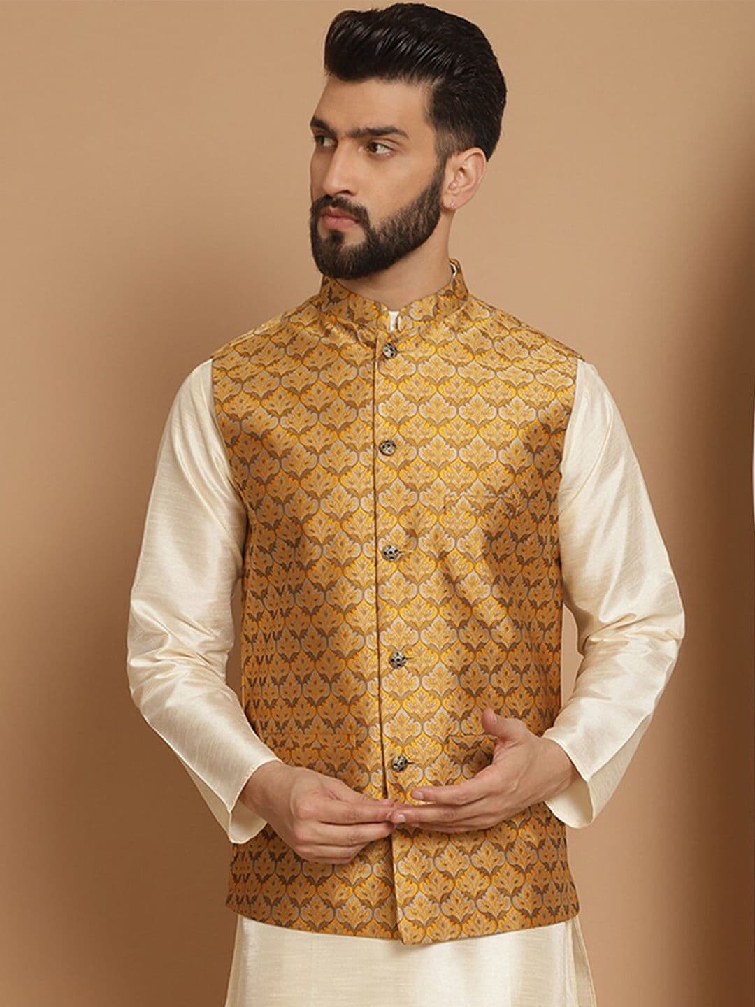 Anouk Mustard Printed Mandarin Collar Nehru Jacket - view 1