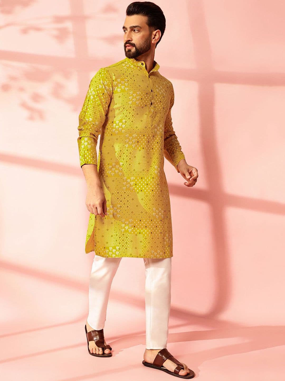 Anouk Floral Printed Band Collar Cotton Linen Straight Kurta - view 1
