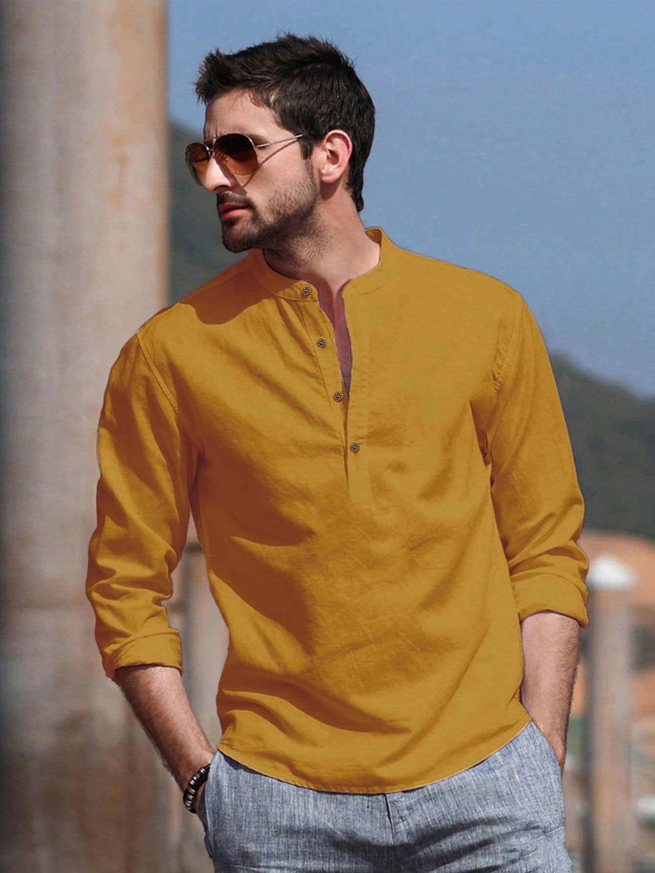 Anouk Cotton Roll-Up Sleeves Band Collar Straight Short Kurta - view 1