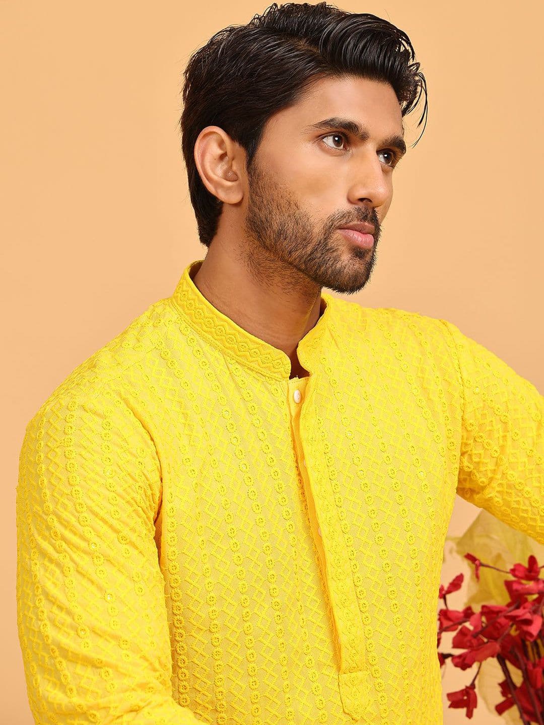Anouk Yellow Geometric Embroidered Mandarin Collar Sequinned Straight Kurta - view 1