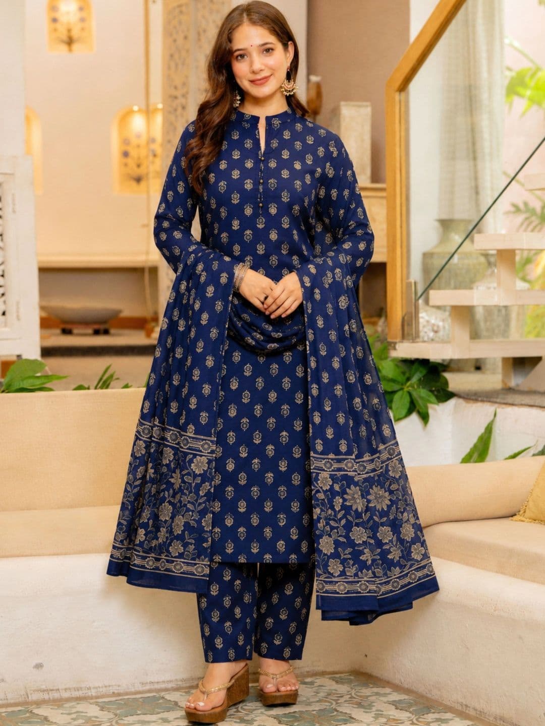 GEKHA Women Ethnic Motifs Printed Regular Pure Cotton Kurta with Trousers & With Dupatta - view 1