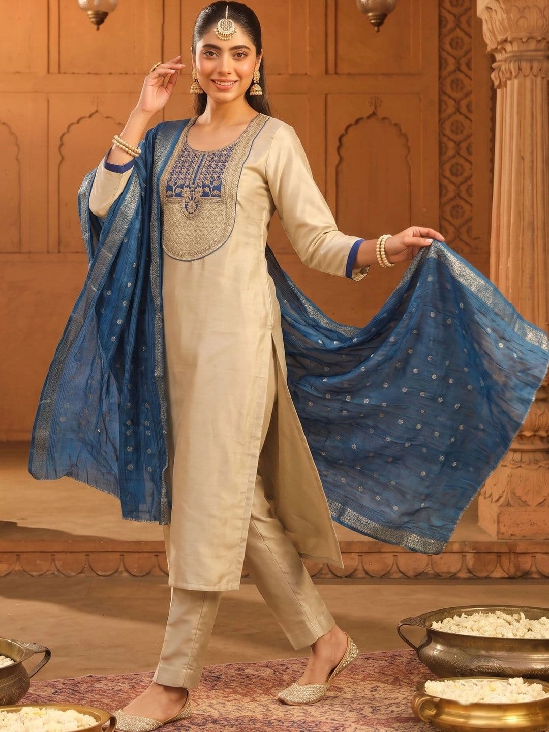 SDK FASHION Women Ethnic Motifs Embroidered Regular Thread Work Kurta with Trousers & With Dupatta - view 1
