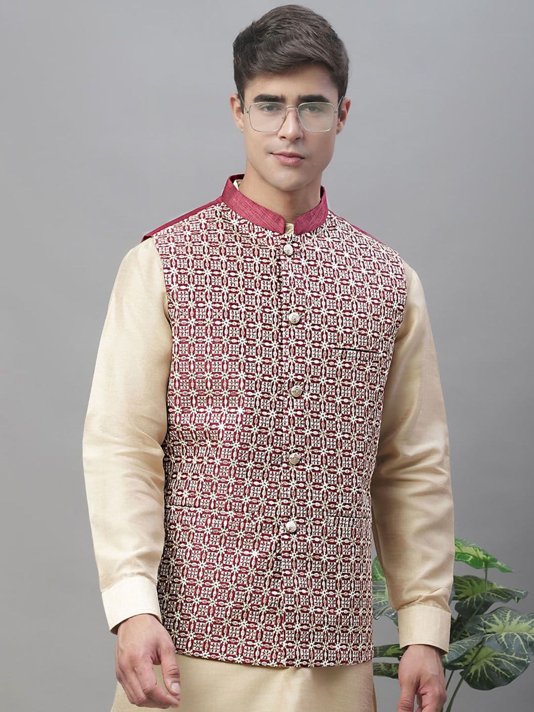 Anouk Men Maroon Embroidered Nehru Jackets - view 1