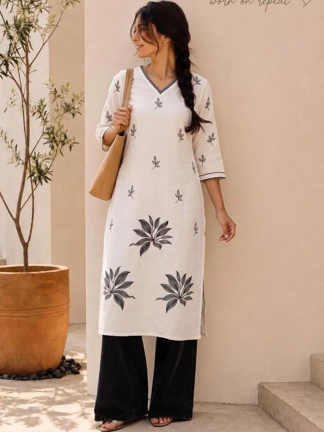 AXI COUTURE Botanical Printed V-Neck Pure Cotton Kurti - view 1