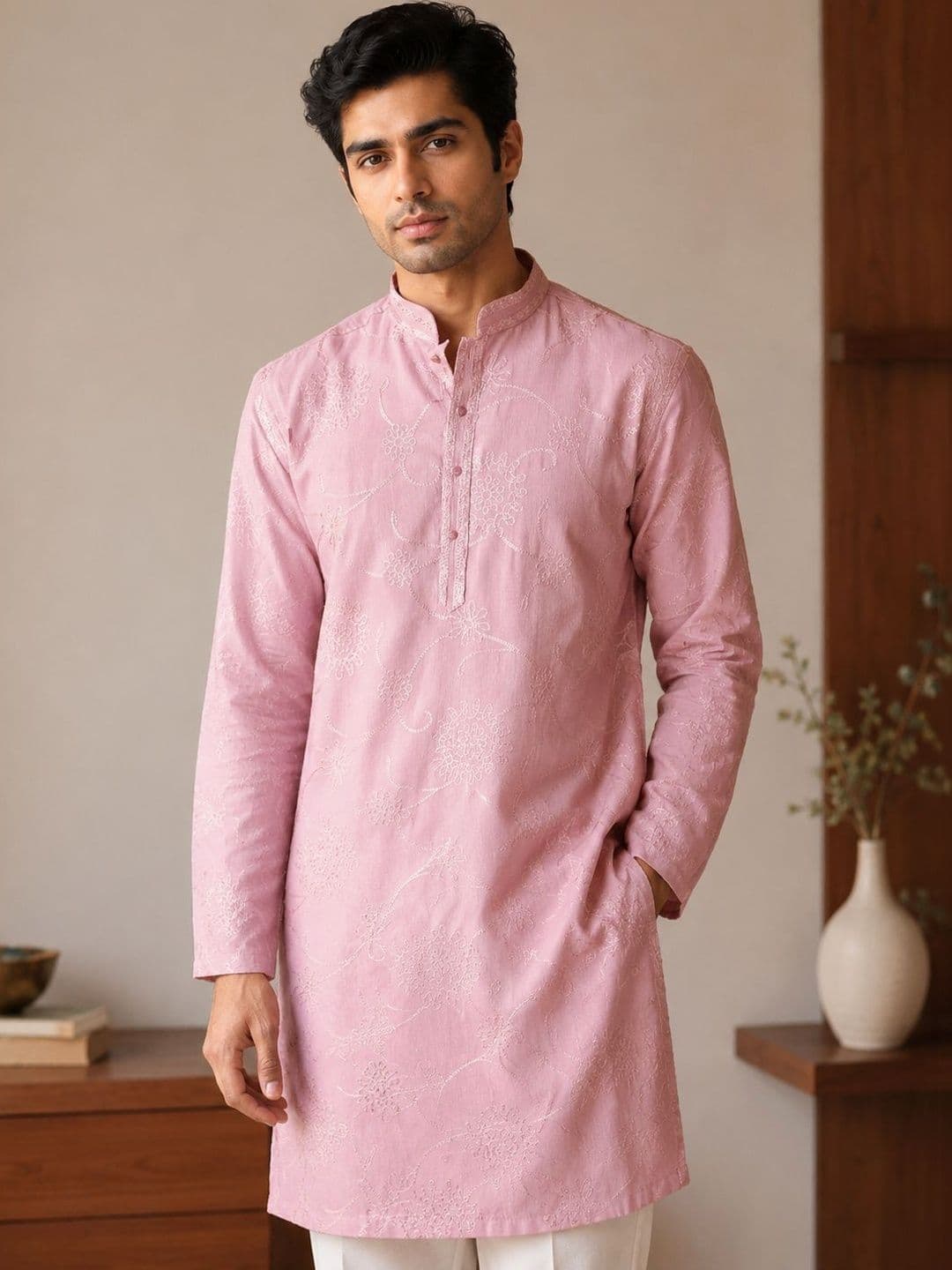 Anouk Men Chain Embroidered Thread Work Knee Length Kurta - view 1