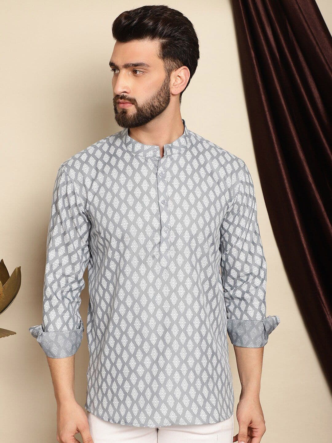 Anouk Grey Ethnic Motifs Printed Band Collar Cotton Linen Straight Short Kurta - view 1