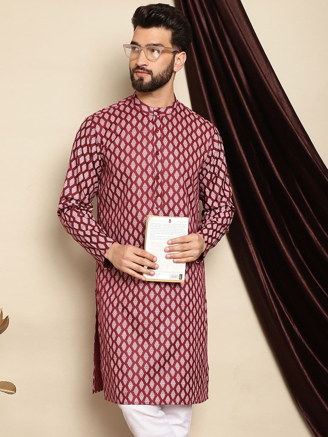 Anouk Maroon Ethnic Motifs Printed Band Collar Cotton Linen Straight Kurta - view 1