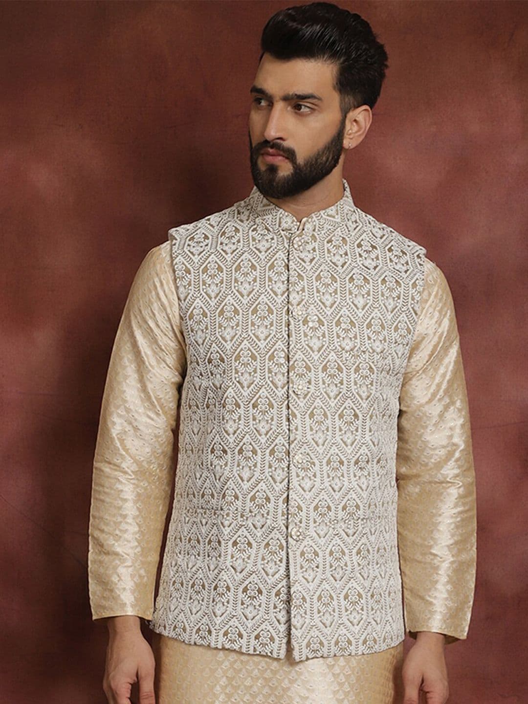Anouk Metallic Embroidered Mandarin Collar Nehru Jacket - view 1