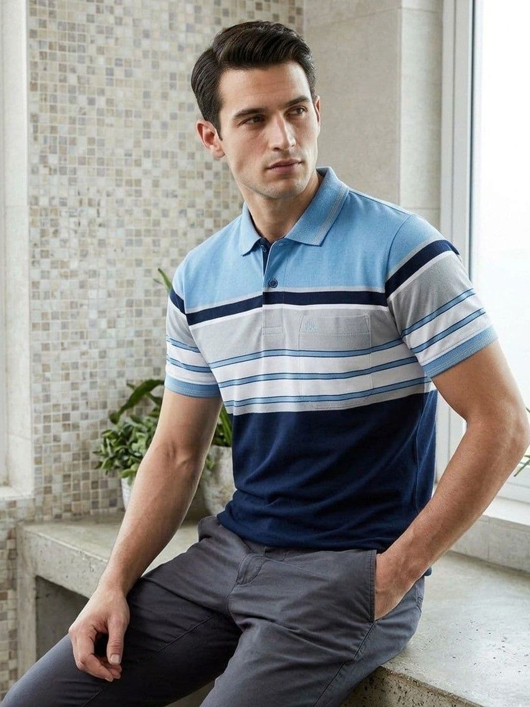 MALER Men Striped Polo Collar Pockets T-shirt - view 1