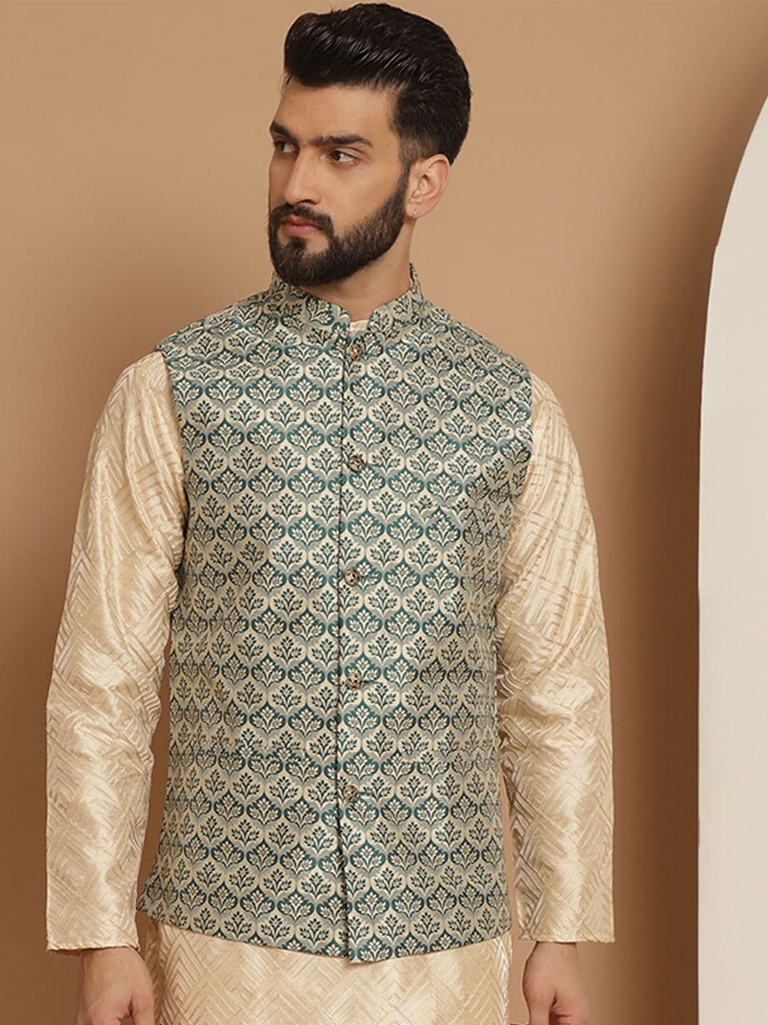 Anouk Green Woven Design Mandarin Collar Nehru Jacket - view 1