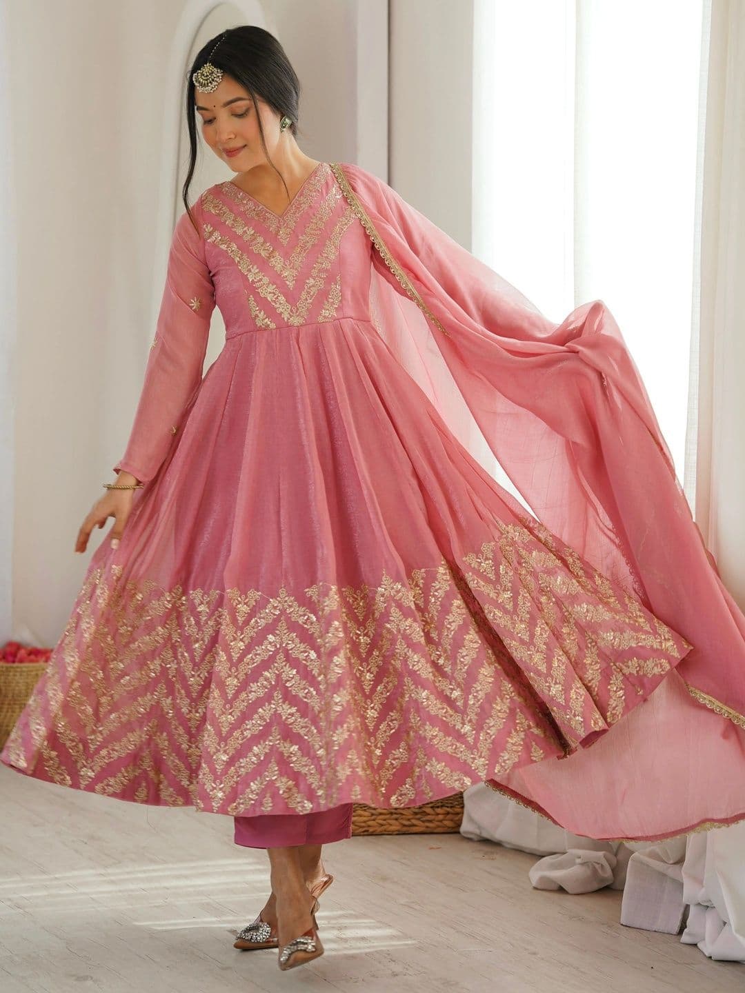 SAJAVAT ETHENIC WEAR Women Ethnic Motifs Embroidered Empire Pure Silk Kurta with Trousers & With Dupatta - view 1