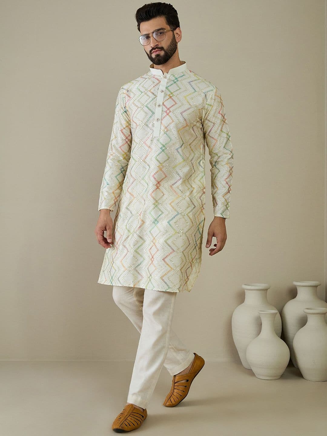 Anouk Geometric Embroidered Mandarin Collar Sequins Straight Kurta - view 1