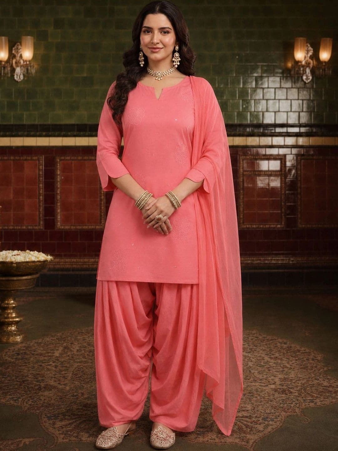 House of Pataudi Women Ethnic Motifs Embroidered Regular Thread Work Pure Cotton Kurta with Patiala & With - view 1