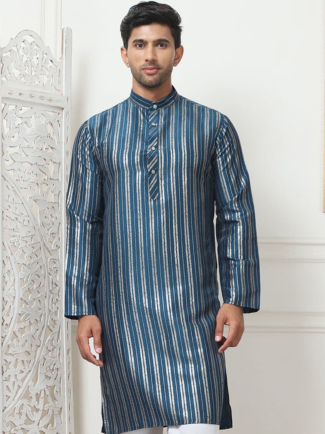 Anouk Teal Blue Striped Band Collar Straight Kurta - view 1