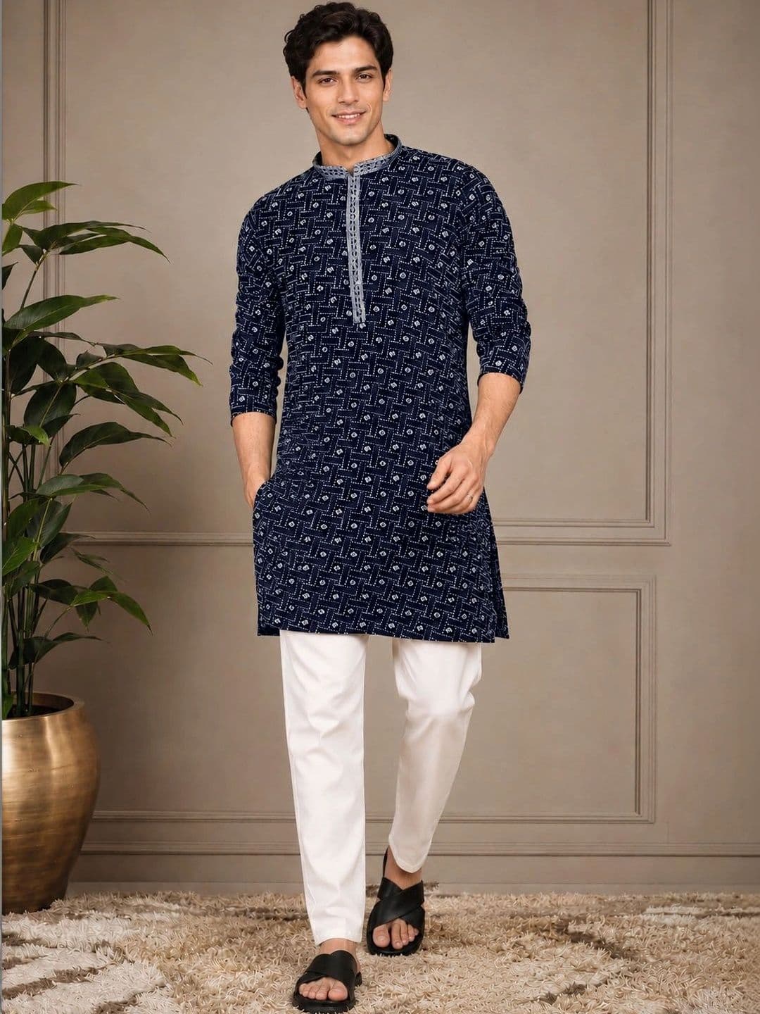 Anouk Men Geometric Printed Thread Work Kurta - view 1