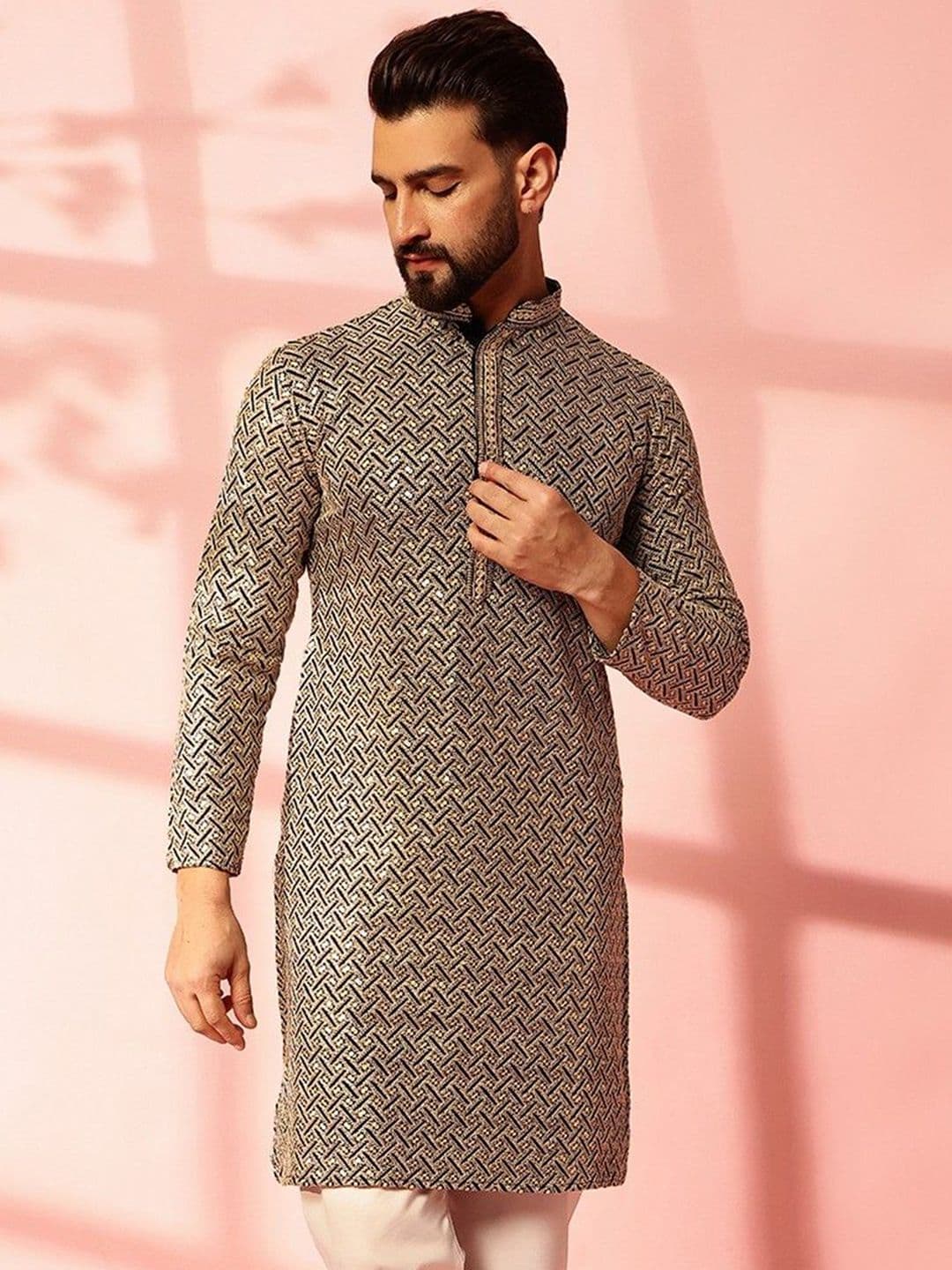 Anouk Geometric Embroidered Mandarin Collar Sequinned Cotton Straight Kurta - view 1
