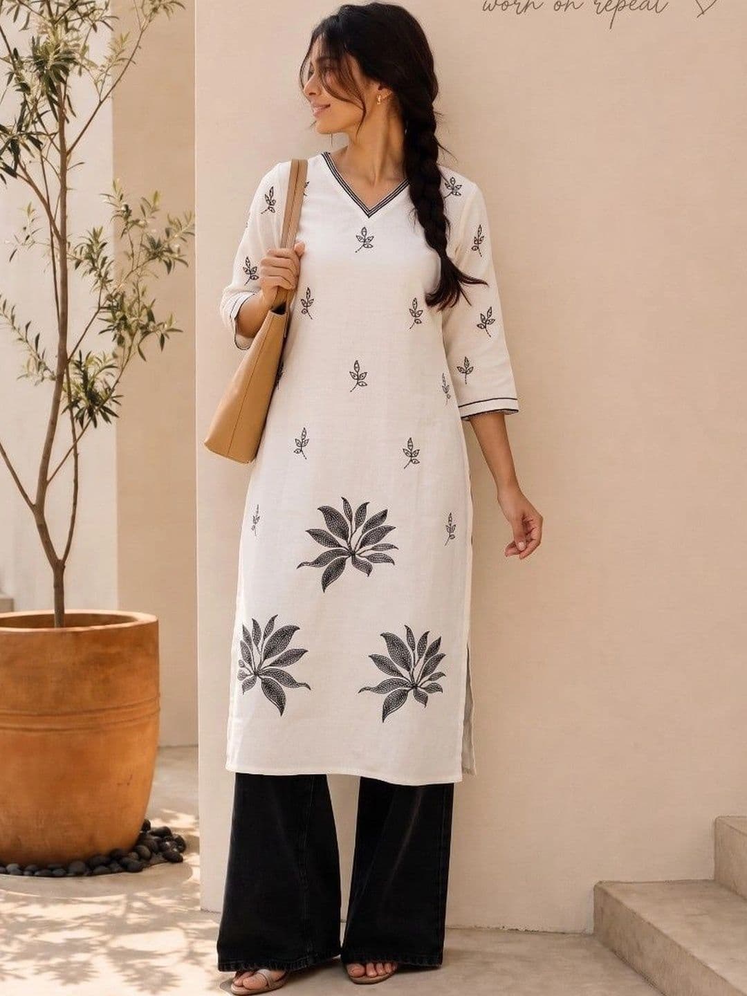 HOUSE OF AXI Botanical Printed V-Neck Pure Cotton Kurti - view 1