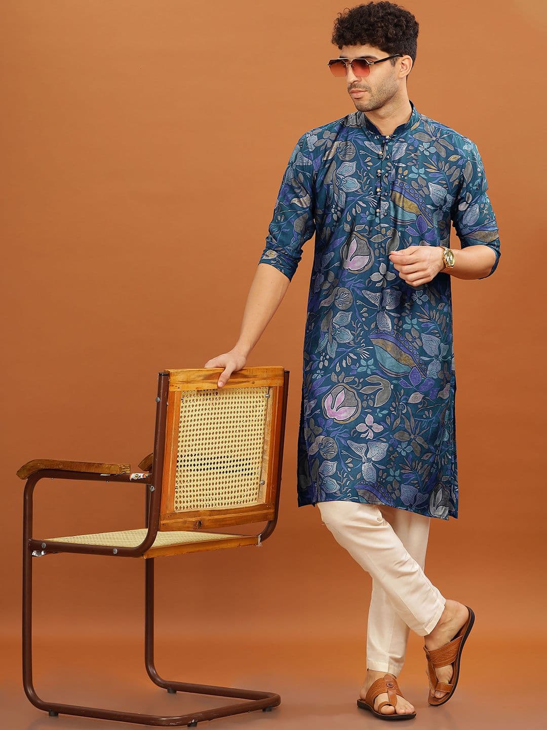 Anouk Men Floral Foil Printed Long Kurta - view 1
