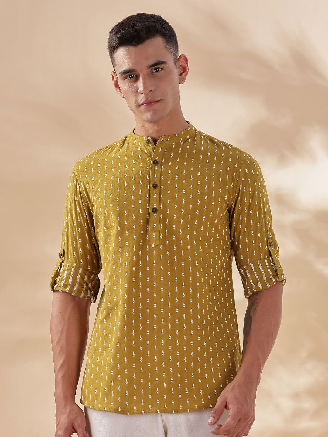 Anouk Men Mustard Pure Cotton Dobby Printed Mandarin Collar Short Kurta - view 1