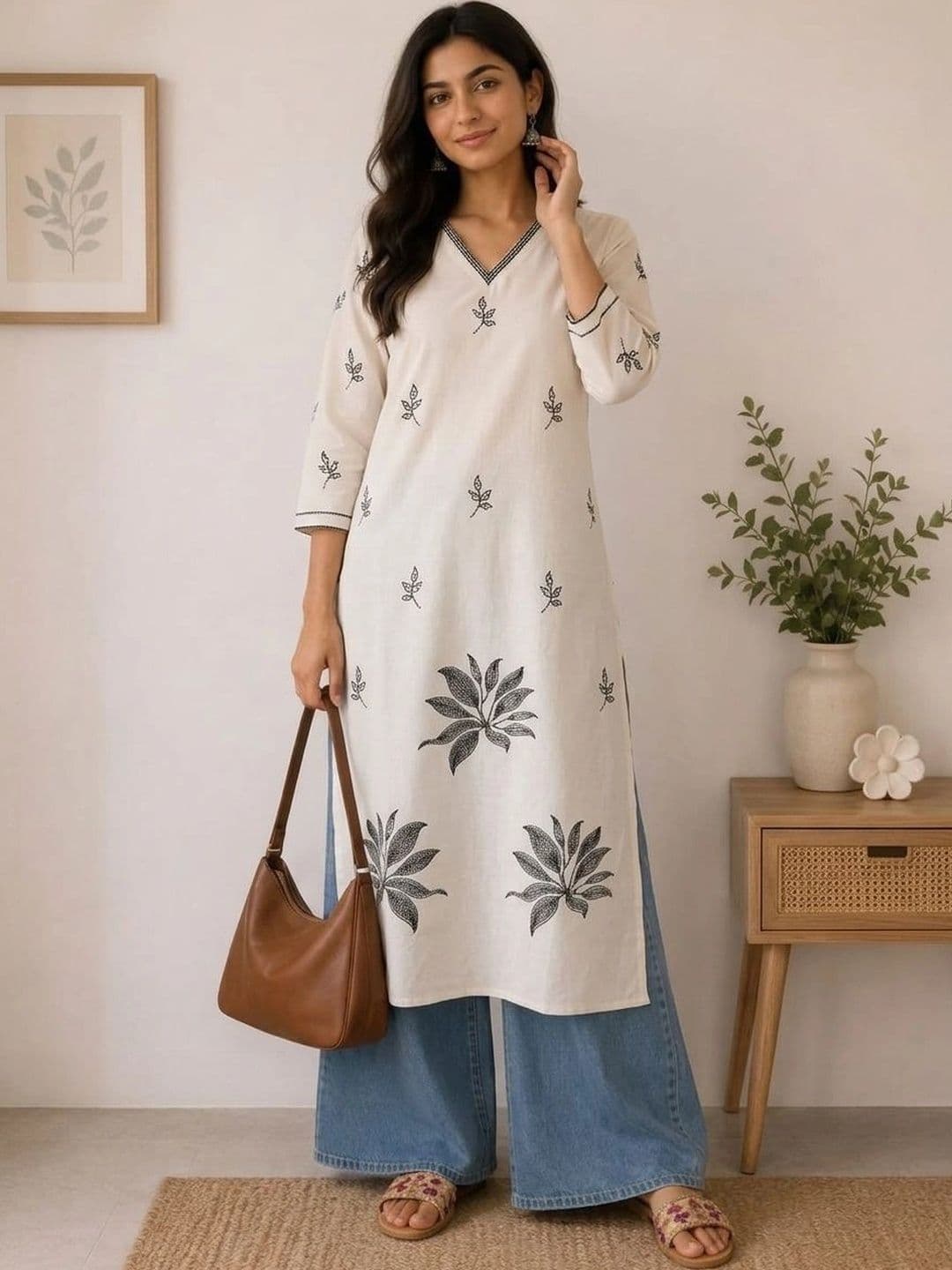 AXI COUTURE Botanical Embroidered V-Neck Pure Cotton Kurti - view 1