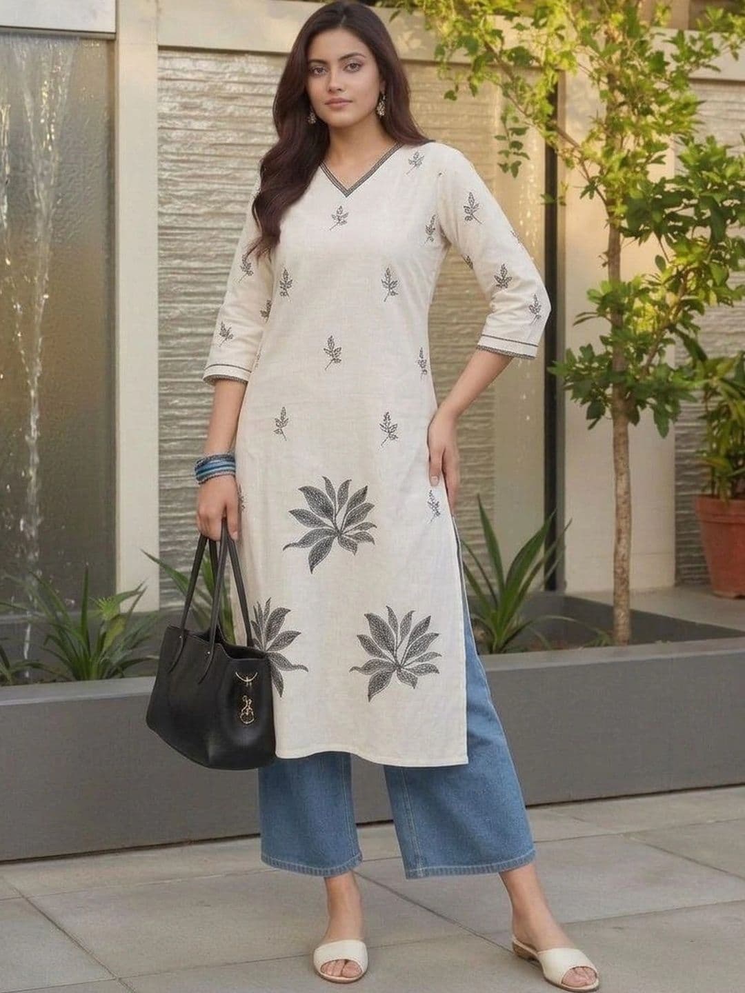 HOUSE OF AXI Botanical Embroidered V-Neck Thread Work Pure Cotton Thread Work Kurti - view 1