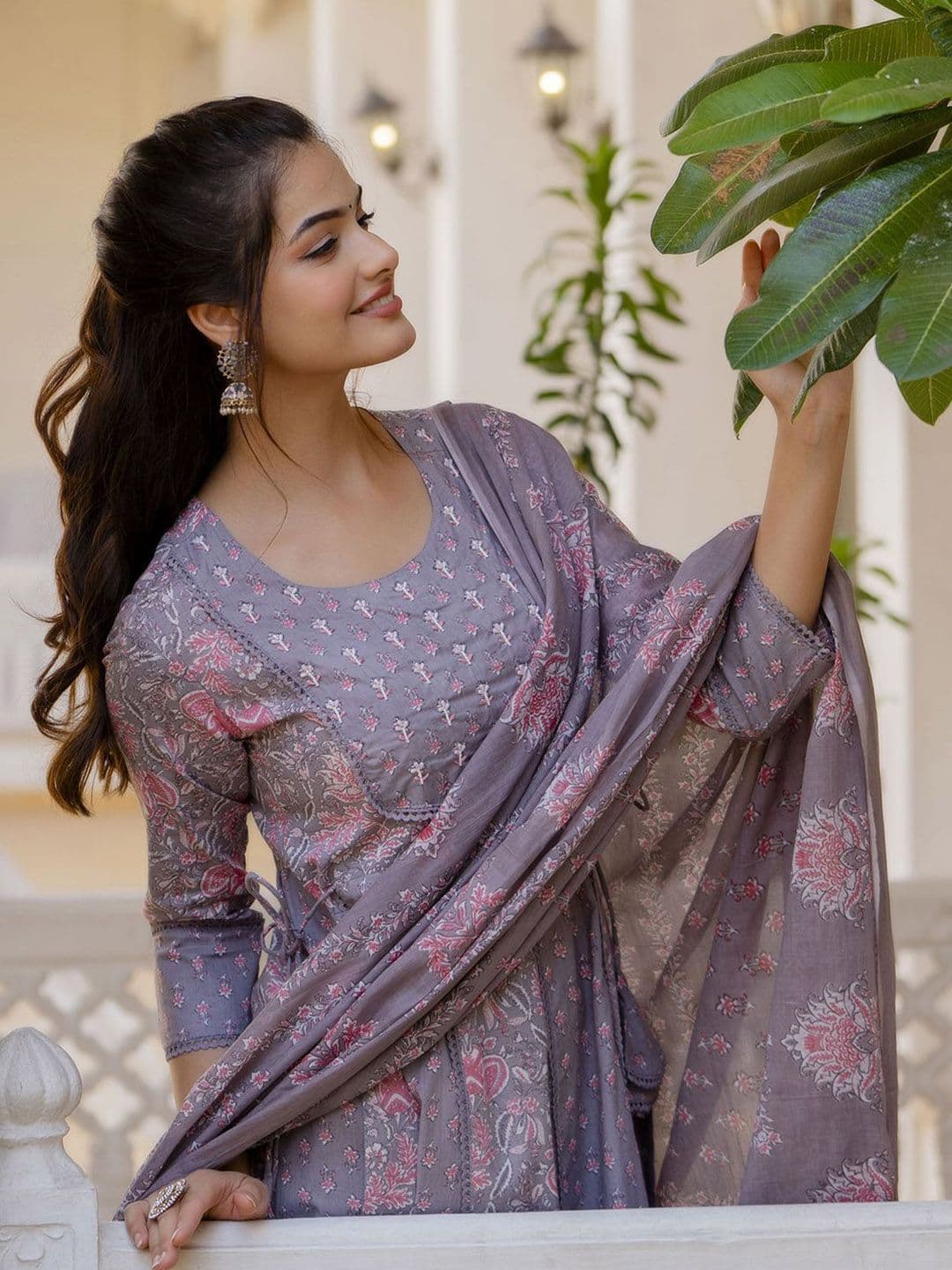 Anouk Women Floral Yoke Design Panelled Aari Work Pure Cotton Kurta with Trousers & With Dupatta - view 1