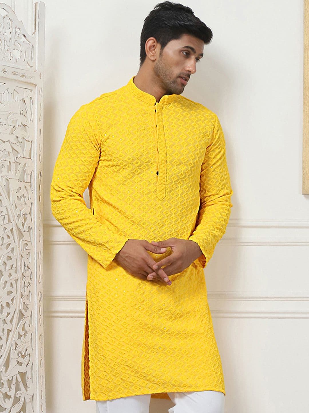Anouk Yellow Ethnic Motifs Sequinned Embroidered Pure Cotton Kurta - view 1