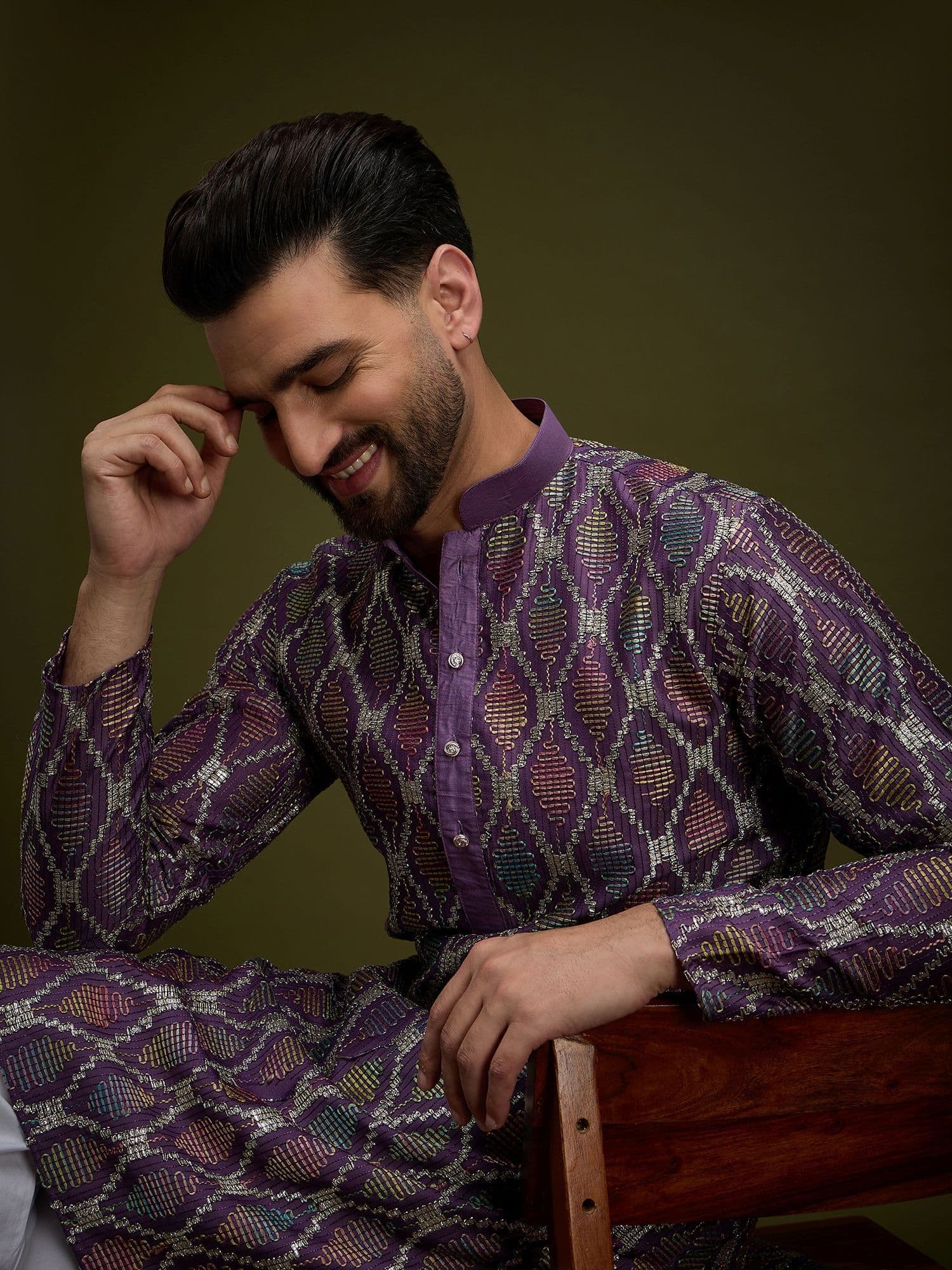 Anouk Purple Geometric Embroidered Gotta Patti Mandarin Collar Pure Cotton Straight Kurta - view 1