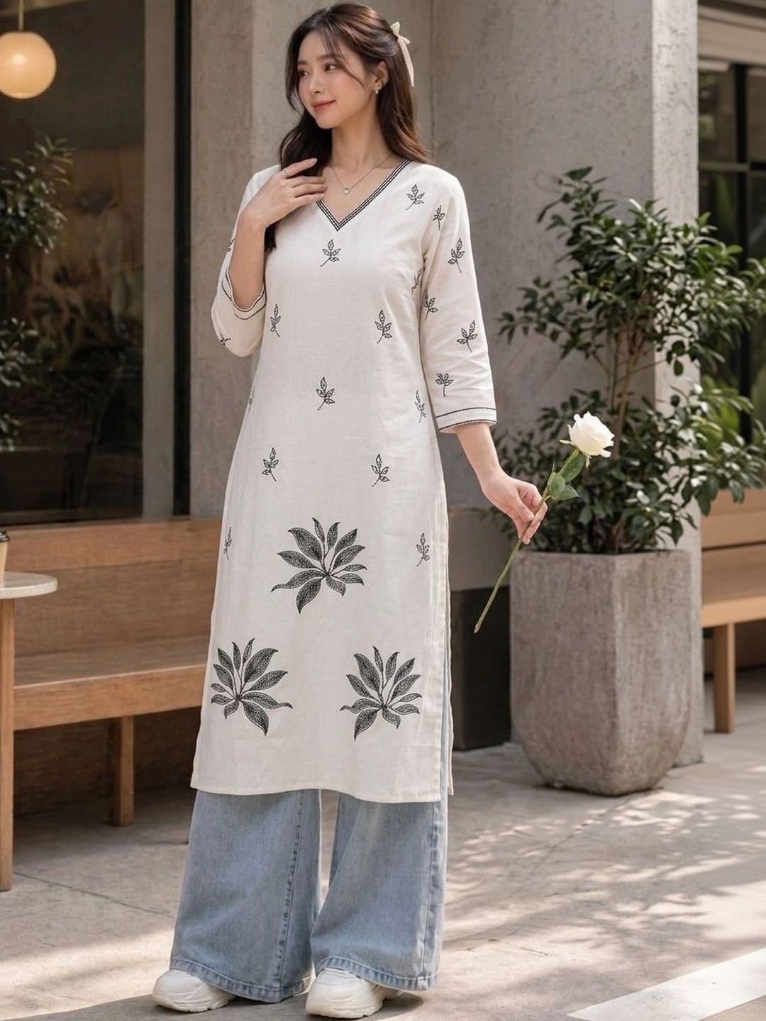 HOUSE OF AXI Botanical Embroidered V-Neck Pure Cotton Kurti - view 1