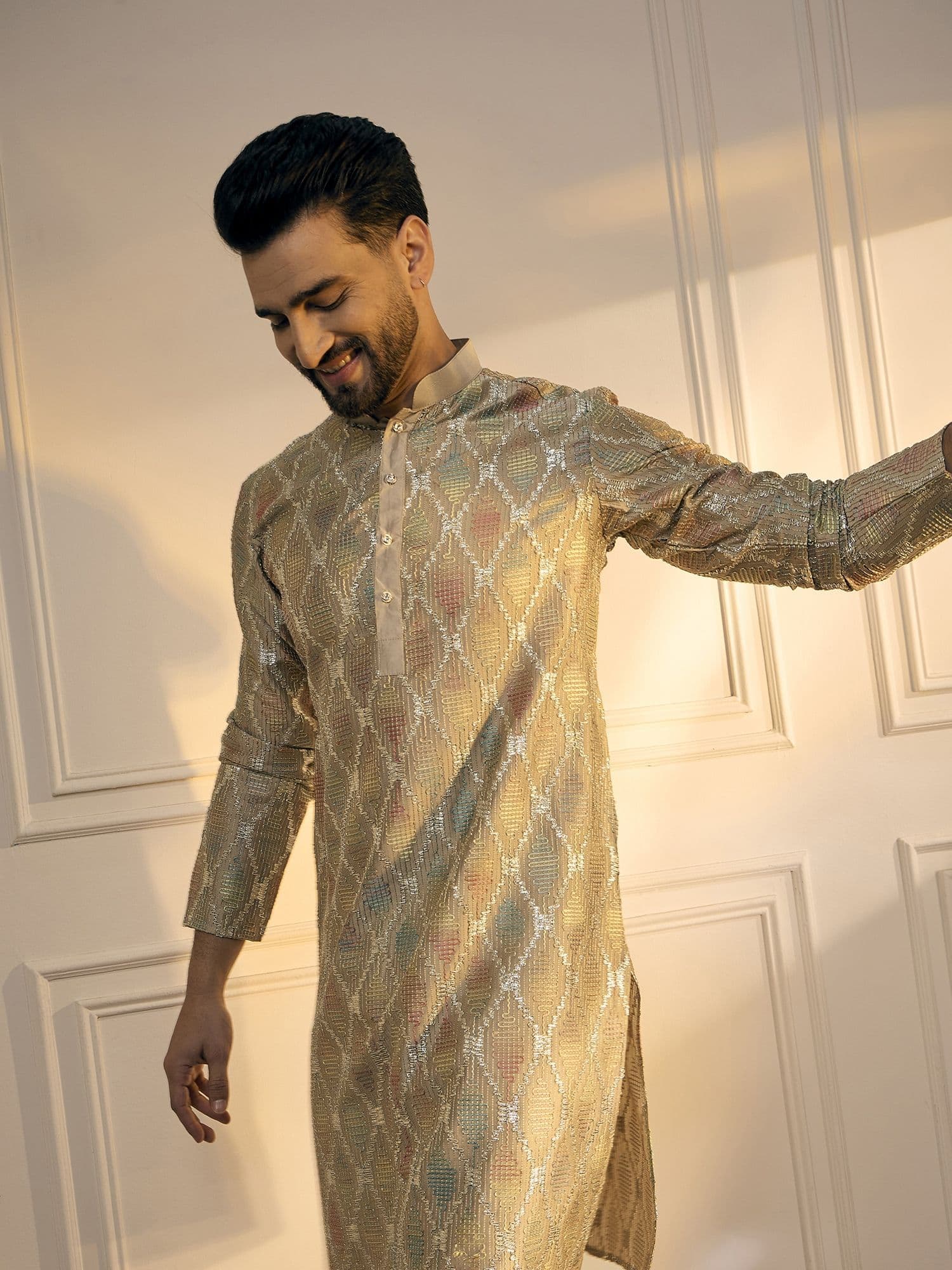 Anouk Brown Chevron Embroidered Gotta Patti Mandarin Collar Cotton Straight Kurta - view 1
