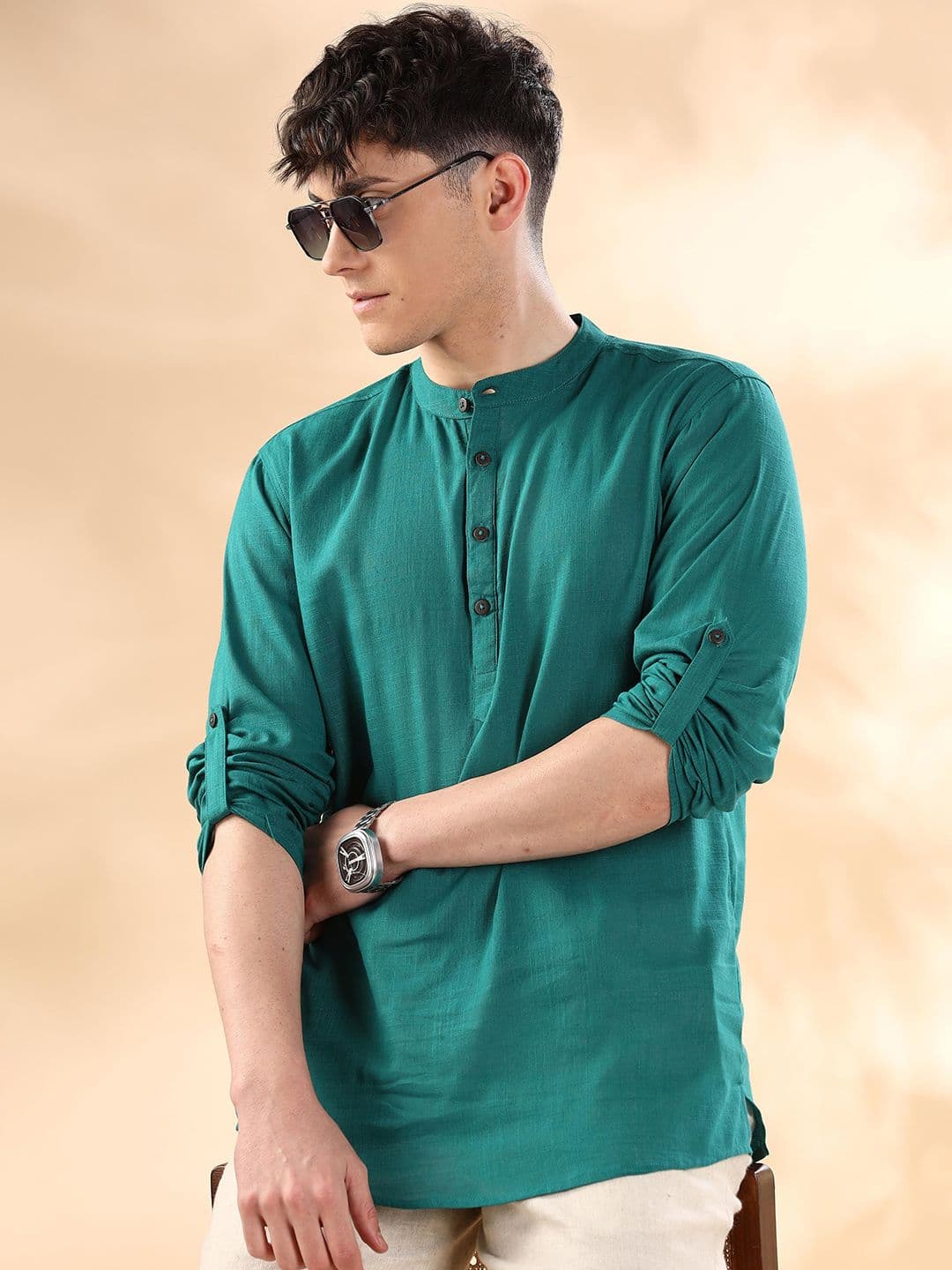 Anouk Green Band Collar Pure Cotton Straight Short Kurta - view 1