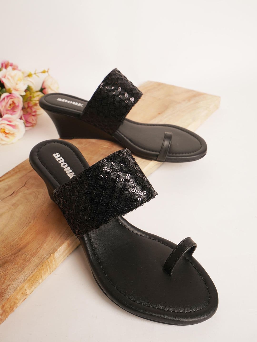 Anouk Black Ethnic Embellished One Toe Wedges - view 1