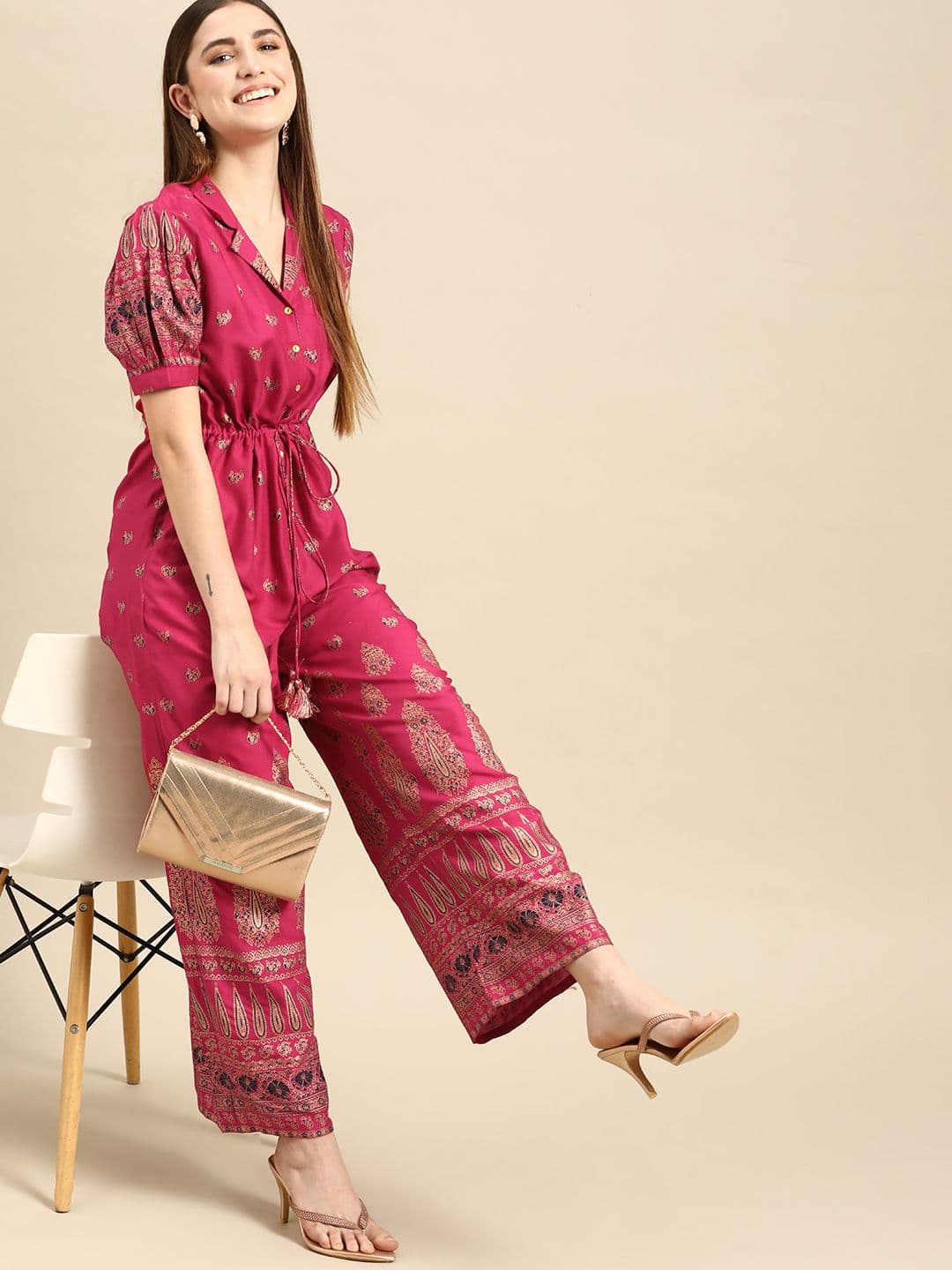 Anouk Women Magenta & Golden Ethnic Motifs Printed Basic Jumpsuit - view 1