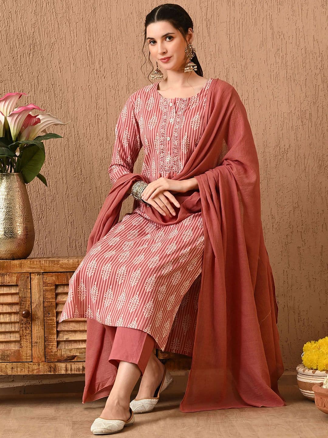 Anouk Women Floral Printed Regular Pure Cotton Kurta with Trousers & With Dupatta - view 1