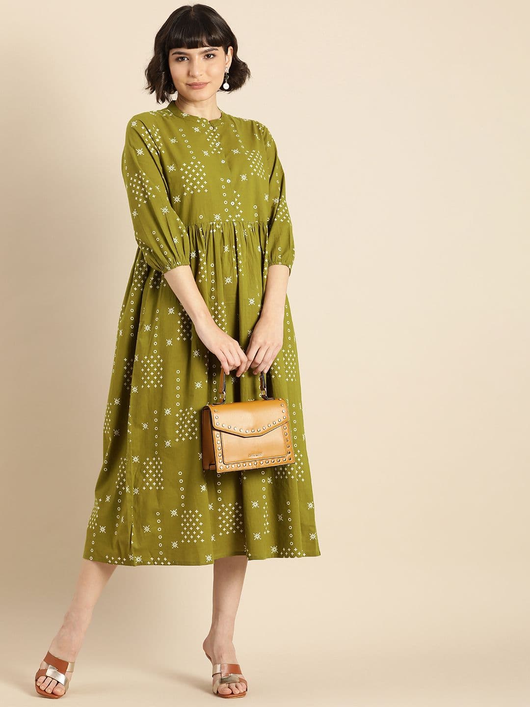 Anouk Women Green & White Printed Ethnic A-Line Midi Dress - view 1