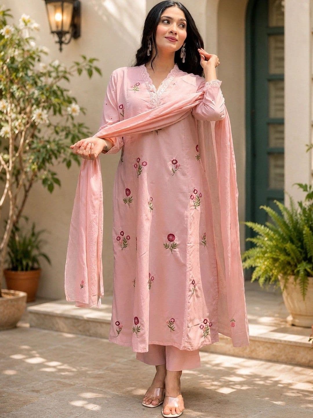 ANITYA Women Floral Embroidered Regular Thread Work Chanderi Cotton Kurta with Trousers & With Dupatta - view 1