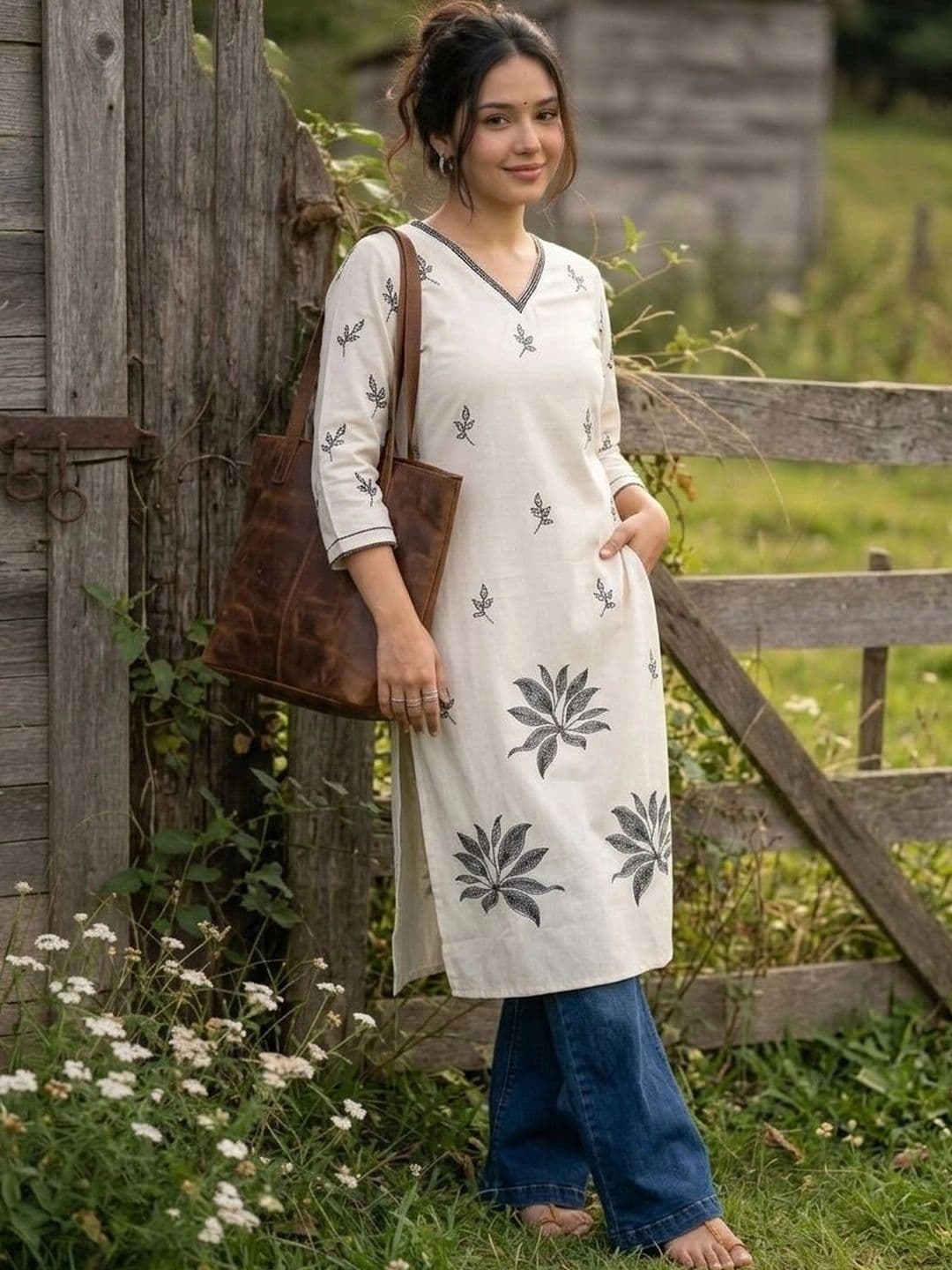AXI COUTURE Botanical Printed V-Neck Pure Cotton Kurti - view 1
