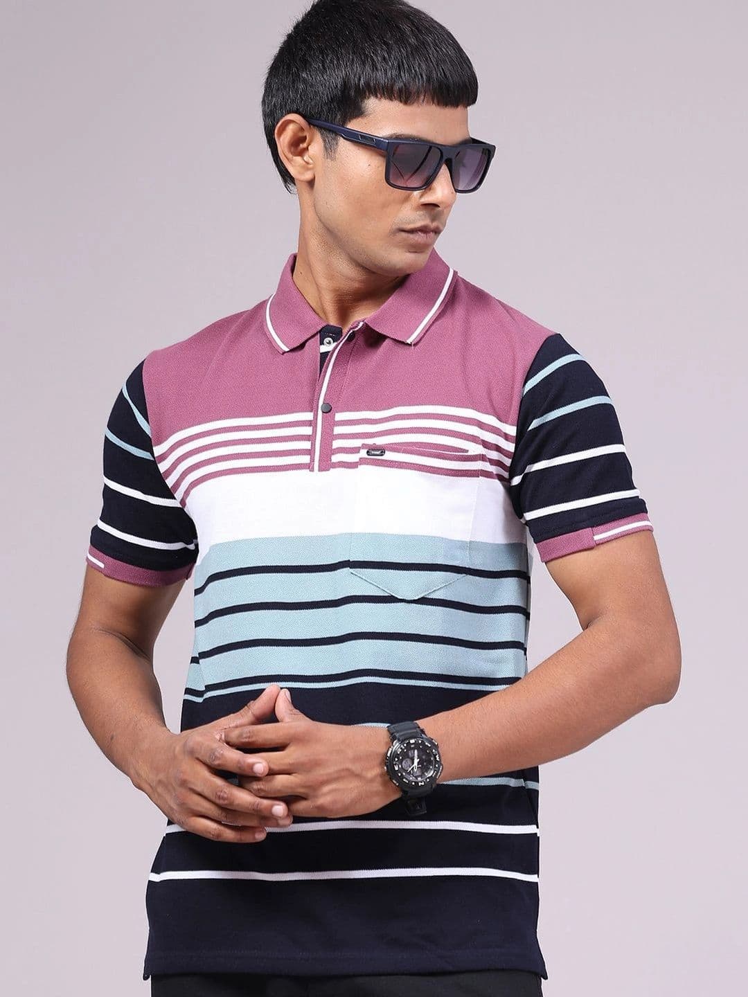 V-Mart Men Striped Polo Collar Pockets Slim Fit T-shirt - view 1
