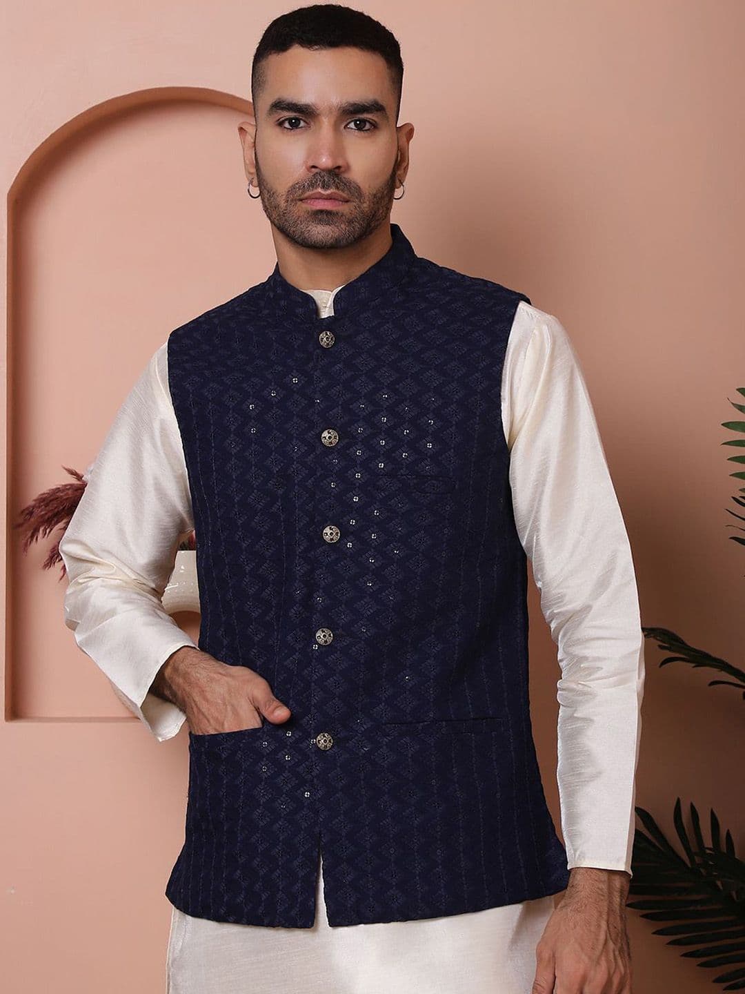 Anouk Embroidered Mandarin Collar Sequinned Nehru Jacket - view 1