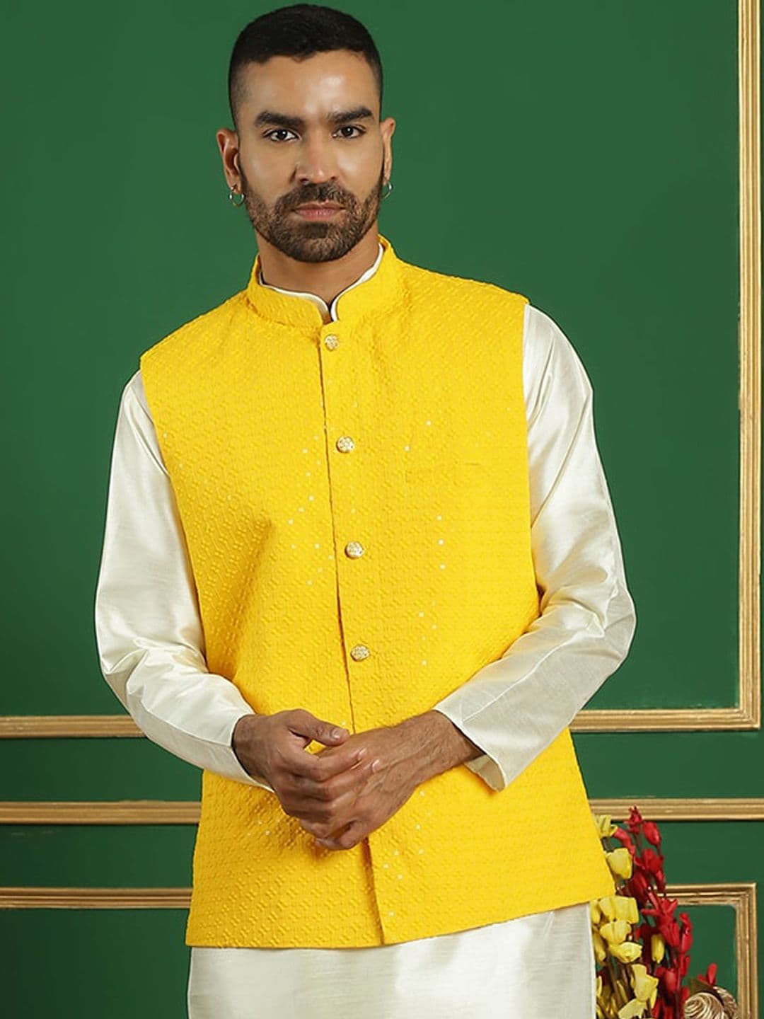 Anouk Yellow Embroidered Nehru Jacket - view 1