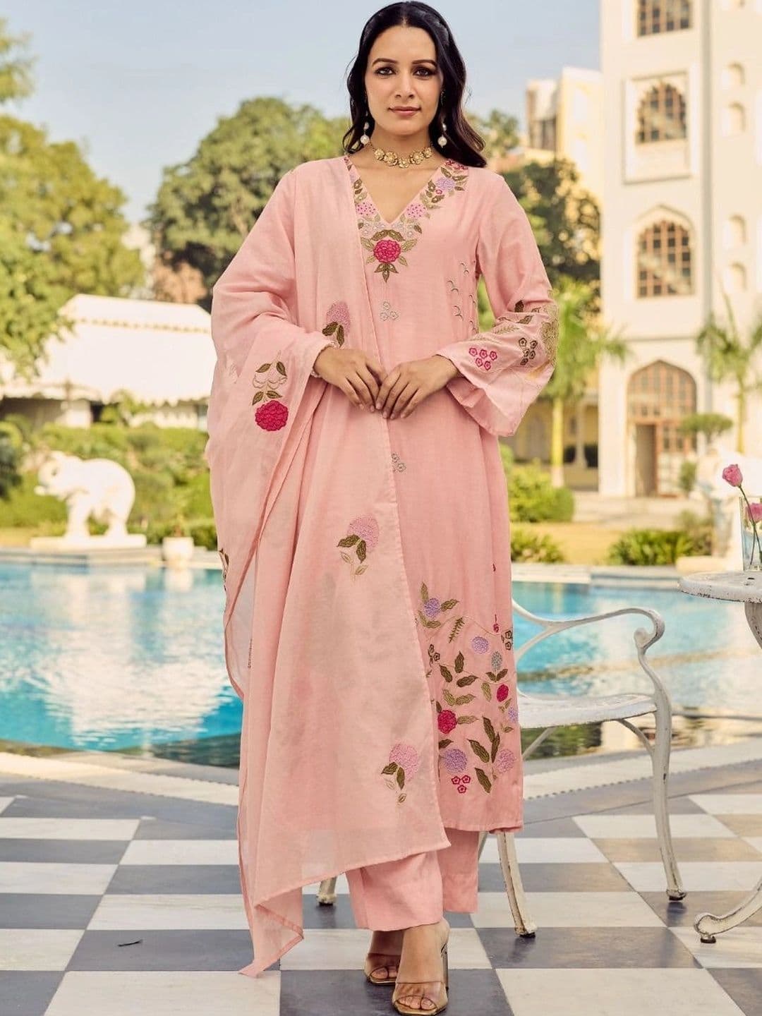 KOTRONS Women Floral Embroidered Regular Thread Work Chanderi Silk Kurta with Palazzos & With Dupatta - view 1