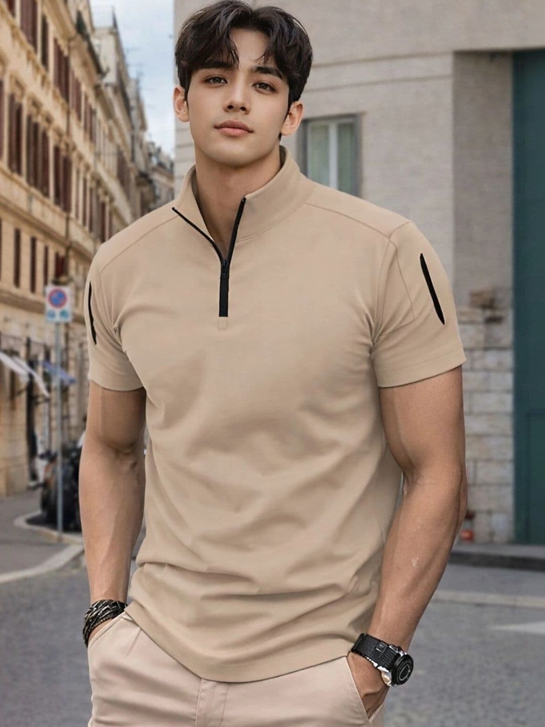 FLEXOTIC Men Mandarin Collar Pockets T-shirt - view 1