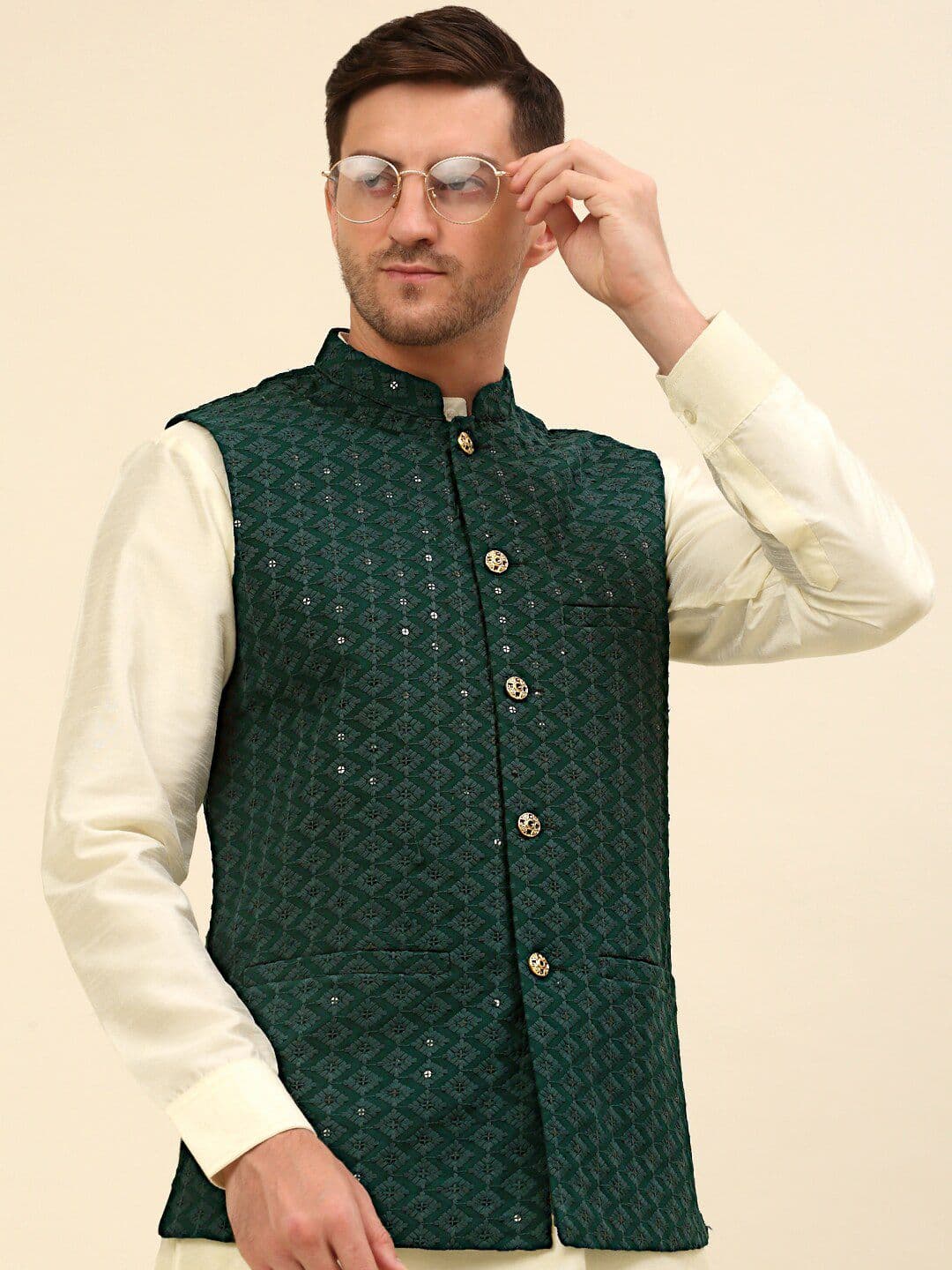 Anouk Olive Green Embroidered Sequinned Nehru Jacket - view 1