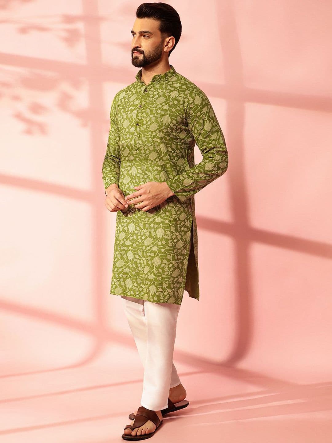 Anouk Floral Printed Band Collar Cotton Linen Straight Kurta - view 1