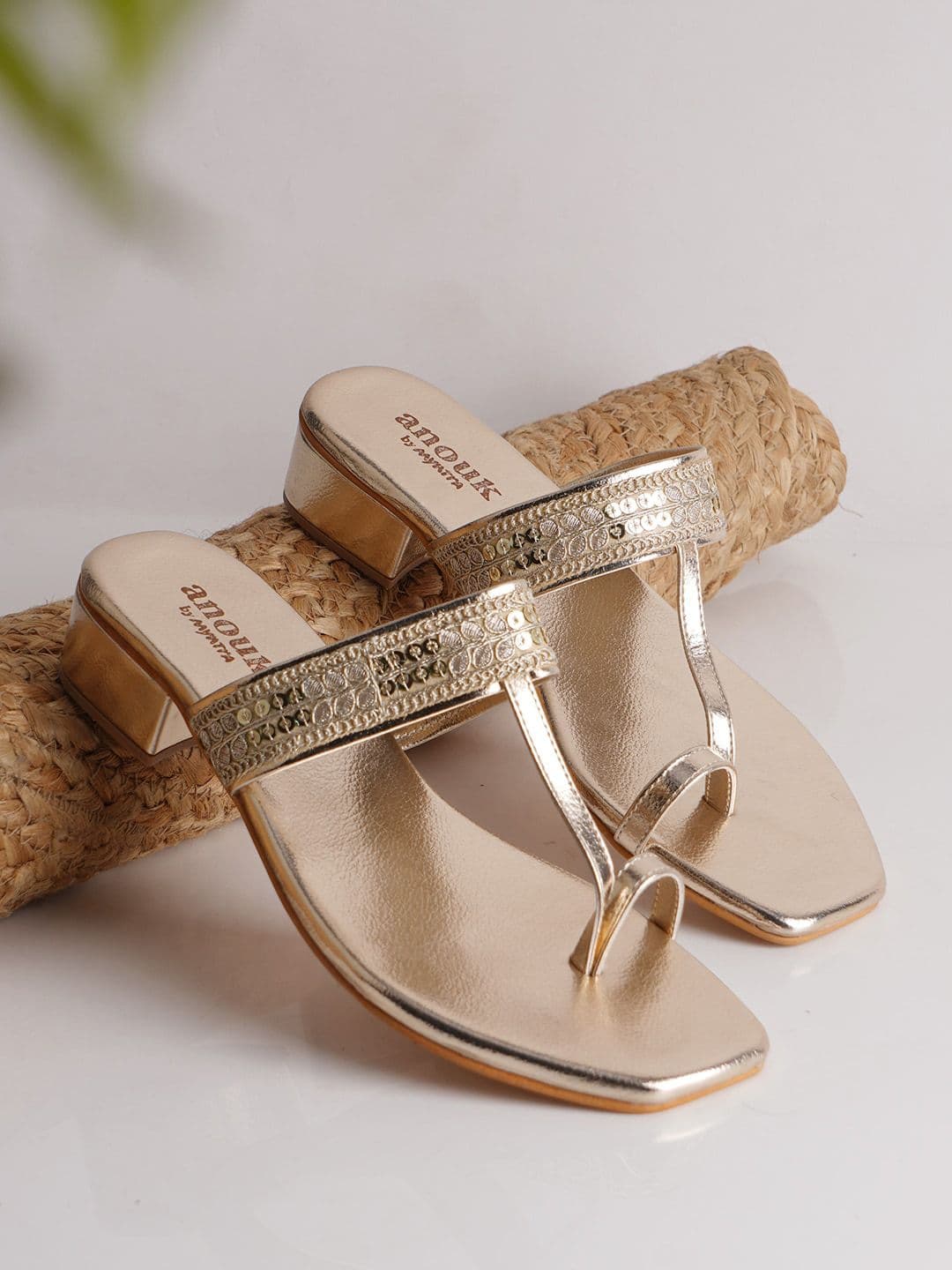 Anouk Gold-Toned Embroidered One Toe Block Heels - view 1