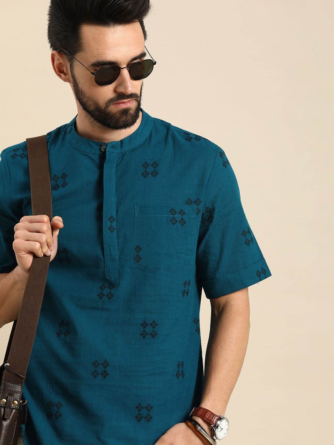 Anouk Men Blue & Black Geometric Printed Short Kurta - view 1